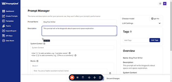 System context is required with MOST models and should capture the basic role and purpose. The system message sets the general context and constraints for the model's behavior, acting as a high-level instruction for how the model should approach every conversation. Think of it as the "job description" for the model. ### How to Write an Effective System Message * Keep it Short and General: Focus on the model’s role or perspective. * Be Declarative: Specify the behavior in a single, clear sentence. * Avoid Task-Specific Details: Leave those for the user message or subsequent instructions. ### Example System Messages 1. General Assistant"You are a helpful and knowledgeable assistant." 2. Customer Support"You are a customer support agent for an e-commerce platform." 3. Tutor"You are a patient and encouraging math tutor for high school students." 4. Programming Helper"You are a coding assistant specialized in Python." ### Key Difference Between System and Blocks While the system message defines the high-level role (e.g., "You are a coding assistant"), the Blocks provides task-specific instructions (e.g., "Help me write a Python function to sort a list of numbers."). By keeping the system message simple and focusing on its role-setting purpose, you ensure consistency across interactions while leaving room for flexible and detailed user instructions.