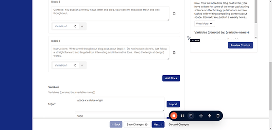 To see how the LLM responds to your prompt, click on "Preview Chatbot" while in the edit screen. This will open a real-time chat interface where you can test your prompt and evaluate the responses, helping you fine-tune its performance before publishing or deploying.