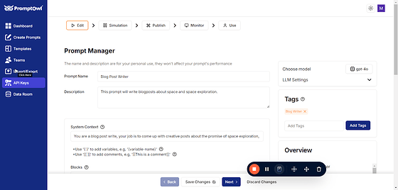 To use PromptOwl effectively, you’ll need to set up an API key. To get started, click on "API Keys" in the menu. If you haven’t entered an API key yet, you’ll need to add one. Here’s a simple explanation of what API keys are and how to set them up: ### What is an API Key? An API key is like a secret password that allows PromptOwl to connect to AI services, such as the ones powering the language models you’ll use. These keys give your prompts access to powerful AI models, enabling them to work their magic. Don’t worry—your keys are stored securely and can only be accessed by you. ### How to Get an API Key 1. Sign Up for an Account: You’ll need to create an account with one of the AI providers listed on the API Keys page (for example, OpenAI or Anthropic). 2. Add Credits: These providers often charge for their services based on usage. You’ll need to add some credits or payment information to start using their models. 3. Generate a Key: Once you’ve signed up, the provider will give you an API key. Copy this key and paste it into PromptOwl under the "API Keys" section.
