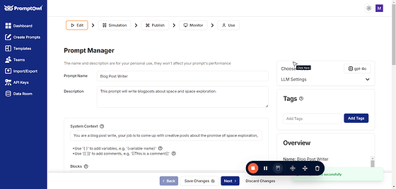 PromptOwl is LLM-agnostic, meaning you can use any supported model within the platform. You also have the ability to tweak the model's parameters, such as temperature and token limits, to adjust the LLM's behavior and tailor its responses to your specific needs. This flexibility ensures you can optimize prompts for a wide range of use cases. You can also tweak the model parameters to fine-tune how the LLM behaves and generates responses. In OpenAI models, key parameters include: ### 1. Temperature * What it does: Controls the randomness of the responses. * Low values (e.g., 0.1): Produce more focused and deterministic outputs, ideal for tasks requiring precise answers. * High values (e.g., 0.8): Make responses more creative and diverse, but potentially less consistent. ### 2. Top-p (Nucleus Sampling) * What it does: Determines the probability mass for token sampling. * Low values (e.g., 0.1): Limit token selection to the most likely options, making responses more predictable. * High values (e.g., 0.9): Allow for more variability and creativity in responses. ### 3. Max Tokens * What it does: Sets the maximum length of the response in tokens (a "token" is a word fragment or punctuation mark). * How to use it: Adjust based on your task. For example: * Short responses: Use lower limits (e.g., 50). * Detailed answers: Use higher limits (e.g., 200-1000). ### 4. Frequency Penalty * What it does: Reduces the likelihood of repeating phrases in the response. * Low values (e.g., 0): No penalty, allowing repetition. * High values (e.g., 2): Discourage repeated content, useful for generating unique outputs. ### 5. Presence Penalty * What it does: Encourages or discourages including new topics in the response. * Low values (e.g., 0): Neutral, sticking closely to the input. * High values (e.g., 2): Pushes the model to explore new ideas or topics. By experimenting with these parameters in PromptOwl, you can customize the model's behavior to suit your specific needs, whether you’re optimizing for accuracy, creativity, or brevity.